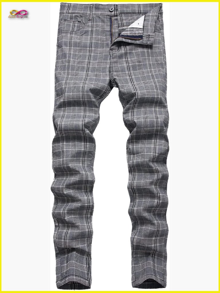 Men's Stretch Slim Fit Plaid Chino Pants Casual Business Dress Pants